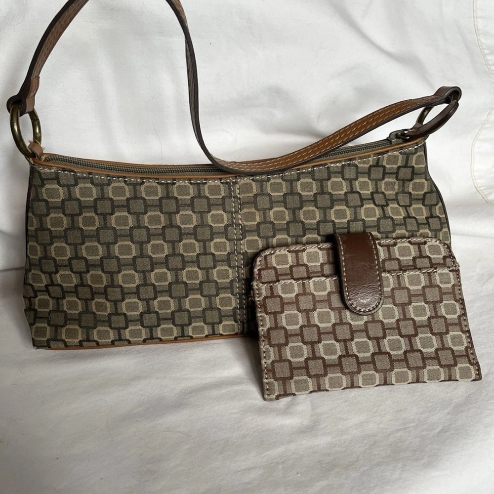 Vtg Y2K 90s Nine West Neutral Brown Black Geometric Mini  Bag W /Free ID Wallet